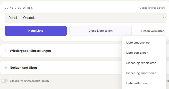 Listenauswahl und Bibliotheksfunktionen in der deutschen Rondli-Oberfläche.