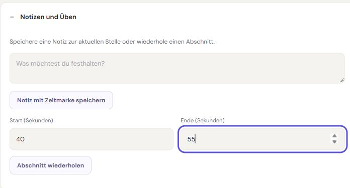 Zeitmarkennotizen und Abschnittswiederholung in der deutschen Rondli-Oberfläche.