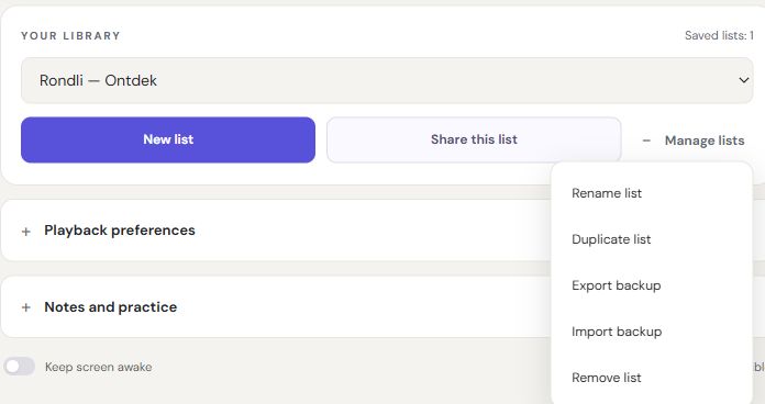 Rondli’s list selector and library controls in the English interface.
