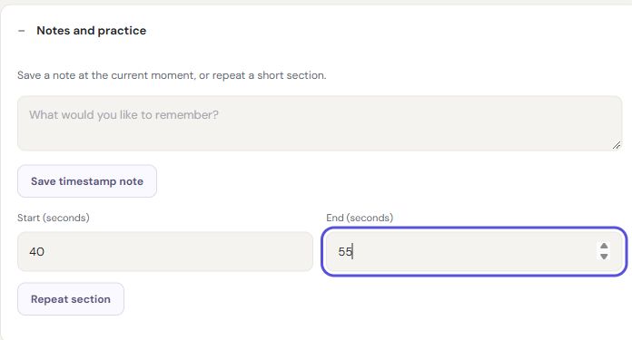 Rondli’s timestamp notes and section-repeat controls in the English interface.