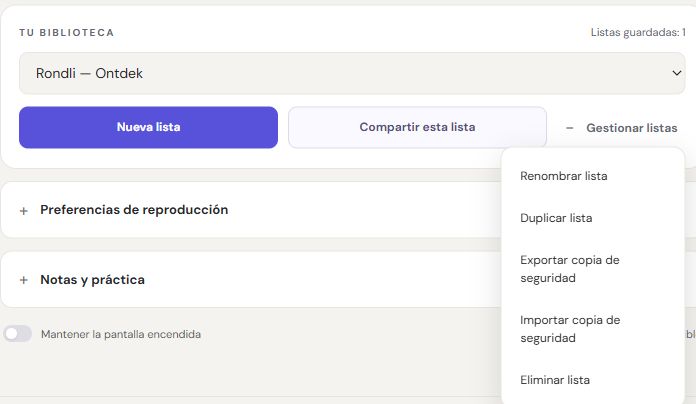 Selector de listas y controles de biblioteca en la interfaz española de Rondli.