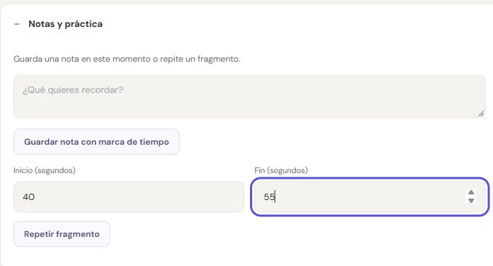 Notas con marcas de tiempo y repetición de fragmentos en la interfaz española de Rondli.