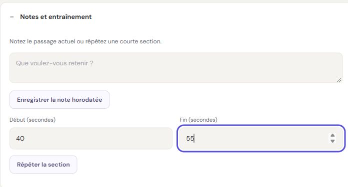 Notes horodatées et répétition de passage dans l’interface française de Rondli.