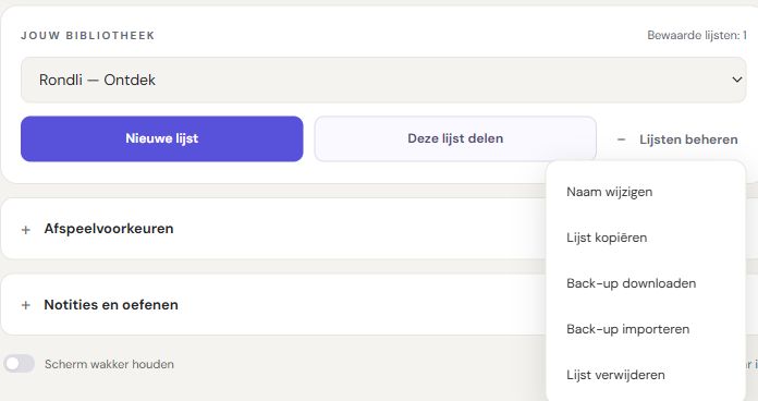 De lijstkeuze en bibliotheekbediening van Rondli in de Nederlandse interface.