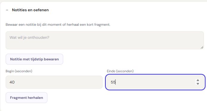 De tijdstipnotities en fragmentherhaling van Rondli in de Nederlandse interface.