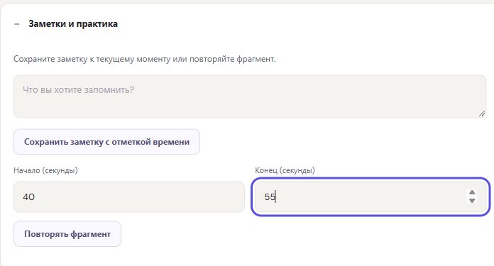 Заметки с отметками времени и повтор фрагмента в русском интерфейсе Rondli.